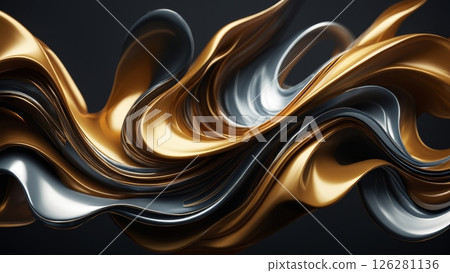 Liquid Metal Waves: Shimmering Silver and Gold Fluid Forms on a Dark Background 126281136