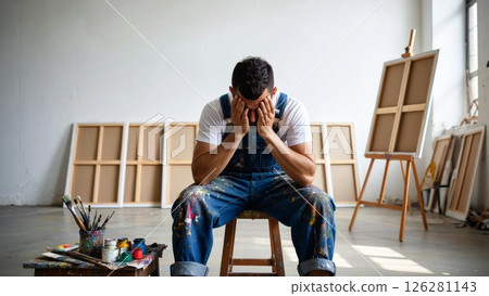 Artist Surrounded by Canvases, Holding Head in Hands 126281143