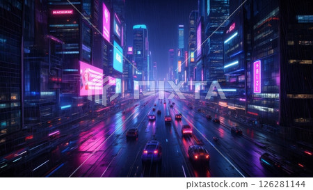 Futuristic Neon Cityscape at Dusk: A Cyberpunk Metropolis with Hovering Vehicles and Glowing Skyscrapers 126281144