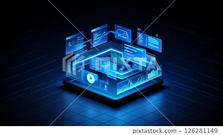Futuristic Holographic UI: Floating Blue Neon Interface with Data Streams Futuristic Holographic UI: Floating Blue Neon Interface with Data Streams 126281149