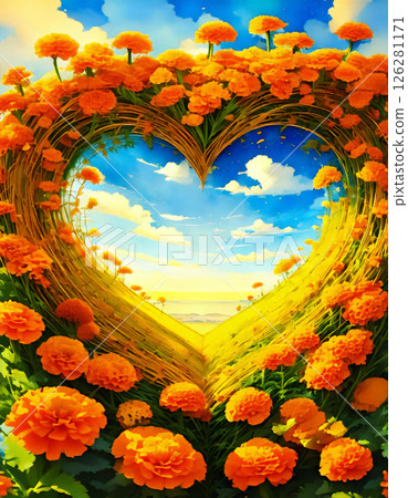 A wonderful view in the middle of a marigold field. A marigold field spreading out under a blue sky 126281171