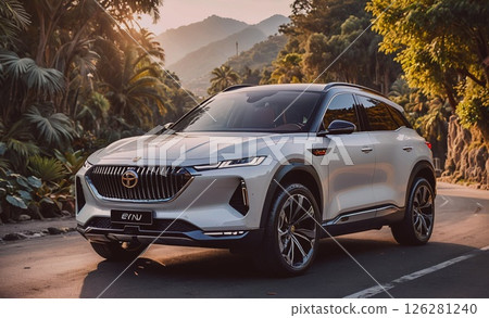 White car with the letters PY on the front. It is parked on a road in a forest 126281240