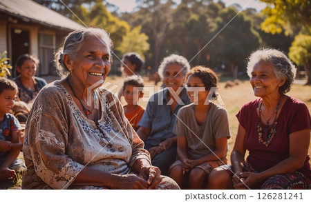 Group of people, including a woman with a necklace, are sitting in a field. The woman is smiling and she is happy Group of people, including a woman with a necklace, are sitting in a field. The woman is smiling and she is happy 126281241