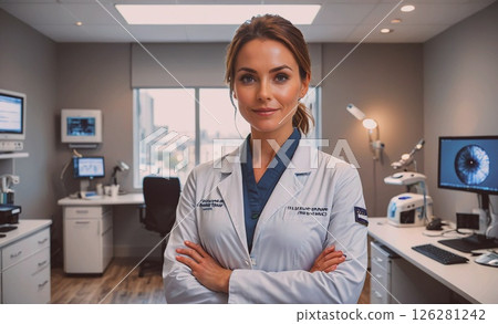 Woman in a white lab coat stands in front of a computer monitor. She is wearing a name tag that says "Dr Woman in a white lab coat stands in front of a computer monitor. She is wearing a name tag that says "Dr 126281242
