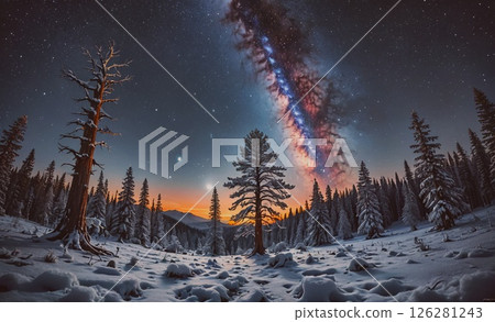 Beautiful night sky with a large, glowing cloud of milk. The sky is filled with stars and the Milky Way. The scene is peaceful and serene, with a sense of wonder and awe 126281243