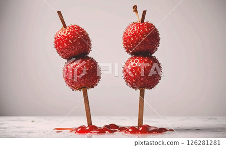 Two red strawberries are standing on sticks, one on top of the other. The image conveys a playful and lighthearted mood, as the strawberries are not just ordinary fruit, but rather a creative and fun 126281281