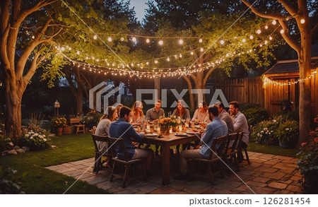 Group of people are sitting around a large wooden table in a backyard. The table is surrounded by chairs and there are several potted plants in the area. Scene is warm and inviting 126281454