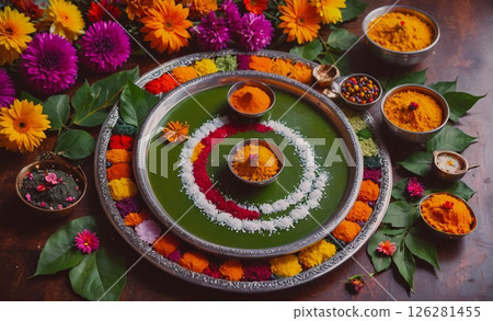 Green tray with a colorful design and a variety of spices on it. The tray is surrounded by flowers and leaves, creating a festive and inviting atmosphere 126281455