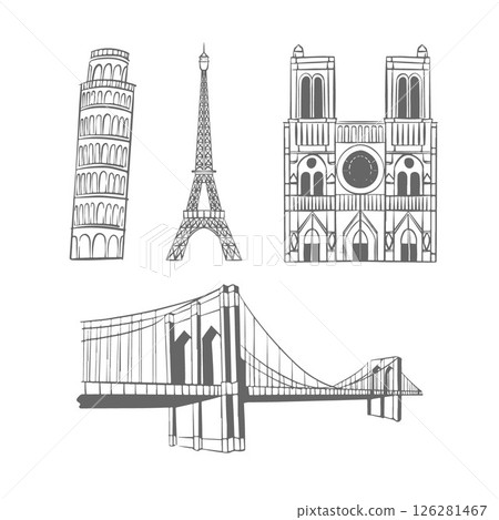 Line attractions of world. World Landmarks. Buildings sketch. Set of landmarks from different countries. Eiffel Tower, Notre Dame de Paris, Tower of Pisa, Brooklyn Bridge. Outline flat vector Line attractions of world. World Landmarks. Buildings sketch. Set of landmarks from different countries. Eiffel Tower, Notre Dame de Paris, Tower of Pisa, Brooklyn Bridge. Outline flat vector 126281467