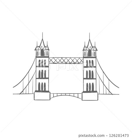 Tower Bridge in London outline vector icon. Hand drawn illustration of landmark or tourist attraction on white background. Traveling, vacation, sightseeing, tourism concept. Vector illustration Tower Bridge in London outline vector icon. Hand drawn illustration of landmark or tourist attraction on white background. Traveling, vacation, sightseeing, tourism concept. Vector illustration 126281473