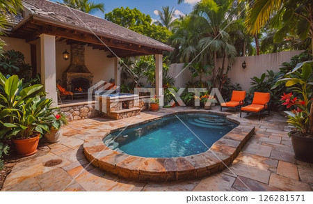 Pool with a patio area with a fireplace and a few potted plants. The patio area has a few chairs and a bench 126281571