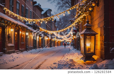 Street with a lantern hanging from a building. The lantern is lit and the street is covered in snow Street with a lantern hanging from a building. The lantern is lit and the street is covered in snow 126281584