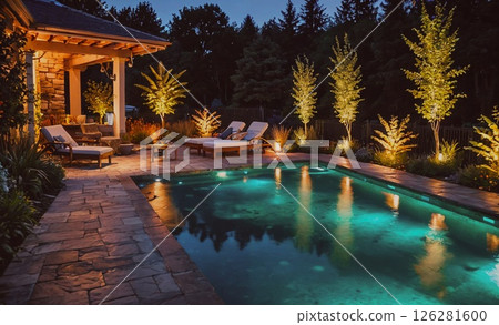 Pool with a patio area lit up at night. The patio area has a few lounge chairs and a dining table 126281600