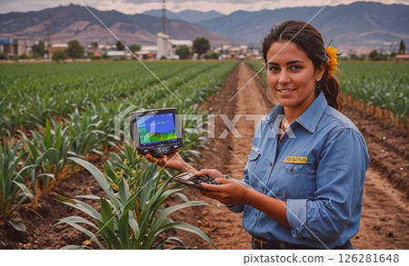 Woman is standing in a field holding a tablet. She is smiling and she is enjoying her work 126281648