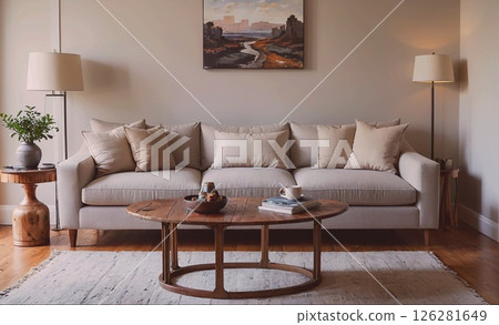 Living room with a couch, coffee table, and a painting on the wall. The couch is covered in pillows and the coffee table has a bowl and a cup on it. The room has a cozy and inviting atmosphere 126281649