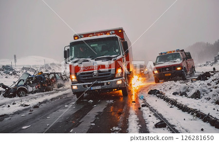 Red and white ambulance is driving down a snowy road. The scene is chaotic and dangerous, with other vehicles and debris scattered around the area. The ambulance is the only vehicle that seems to be 126281650