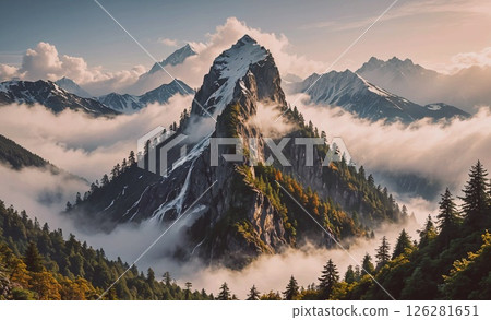 Mountain range covered in clouds and trees. The clouds are white and fluffy, and the trees are green and leafy. The scene is peaceful and serene, with the mountains towering over the landscape 126281651