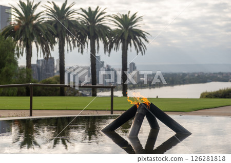 The Flame of Remembrance and Pool of Reflection in Kings Park, Perth, Australia. It is a tribute of those who served and died in wars fought by Australians. The Flame of Remembrance and Pool of Reflection in Kings Park, Perth, Australia. It is a tribute of those who served and died in wars fought by Australians. 126281818