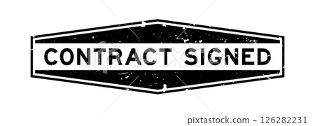 Grunge black contract signed word hexagon seal stamp on white background 126282231