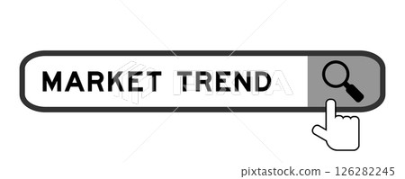 Search banner in word market trend with hand over magnifier icon on white background Search banner in word market trend with hand over magnifier icon on white background 126282245
