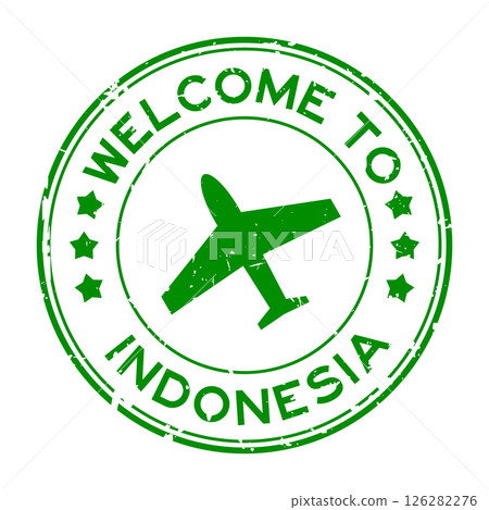 Grunge green welcome to indonesia with airplane icon round rubber seal stamp on white background 126282276