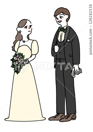 Wedding illustration: Bride and groom looking at each other on their wedding day 126282538