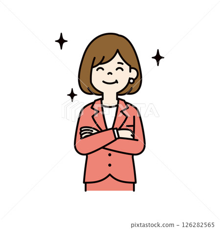 向量插圖：一位年輕女職員面帶滿意的微笑_線寬可編輯_顏色 126282565