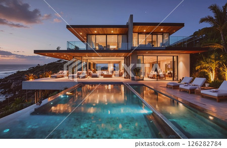 Large house with a pool and a balcony overlooking the ocean. The pool is lit up at night, creating a warm and inviting atmosphere Large house with a pool and a balcony overlooking the ocean. The pool is lit up at night, creating a warm and inviting atmosphere 126282784