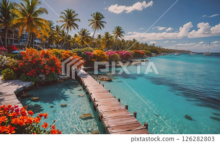 Beautiful beach with a wooden pier and palm trees. The water is blue and the sky is clear Beautiful beach with a wooden pier and palm trees. The water is blue and the sky is clear 126282803