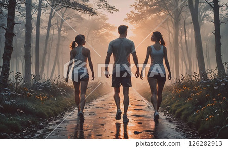 Three people are walking down a path in the woods. The man is wearing a white shirt and shorts, and the two women are wearing white tank tops 126282913