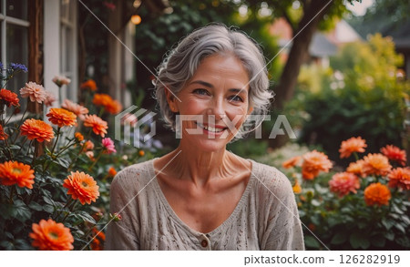 Woman with gray hair is smiling in front of a garden of orange flowers. She is wearing a white shirt and she is enjoying the beautiful scenery Woman with gray hair is smiling in front of a garden of orange flowers. She is wearing a white shirt and she is enjoying the beautiful scenery 126282919