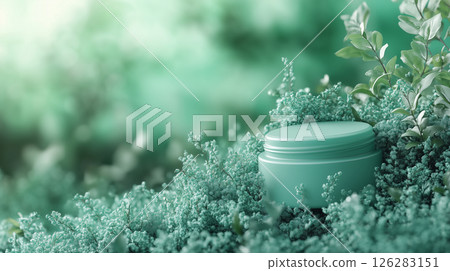 Advertising visual for skin care container placed against a green natural background 126283151
