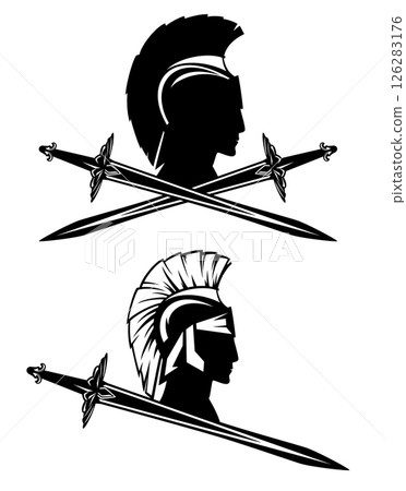 ancient hero warrior wearing helmet and crossed swords black and white vector design set 126283176