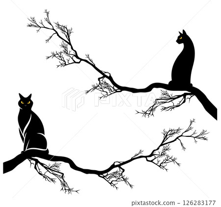 halloween black cat sitting on bare tree branch vector silhouette design set 126283177