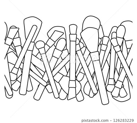 Makeup brushes Seamless horizontal border. Vector graphic line illustration. Black and white cute cosmetic makeup art. illustration for package, vacation design, fabric and textile. 126283229