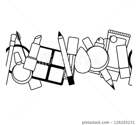 Decorative cosmetics Seamless horizontal border. Vector graphic line illustration. Black and white cute cosmetic makeup art. Layout with makeup products for visage. For logo, web, package, sticker. Decorative cosmetics Seamless horizontal border. Vector graphic line illustration. Black and white cute cosmetic makeup art. Layout with makeup products for visage. For logo, web, package, sticker. 126283231