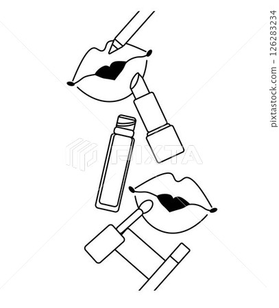 Lips Make-up Seamless Vertical border. Vector graphic line illustration. Black and white cute cosmetic makeup art. Beauty parlor illustration, packaging, cosmetics shop 126283234