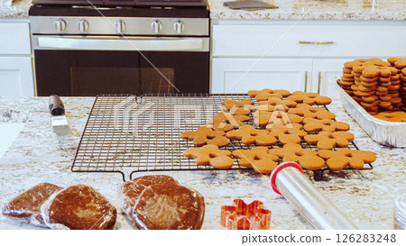 After baking to perfection, these delightful gingerbread cookies are now cooling gracefully on a wire rack, filling the modern kitchen with a warm and inviting aroma. 126283248