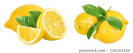 Ripe lemon half and slice isolated on white background with full depth of field. Ripe lemon half and slice isolated on white background with full depth of field. 126283284