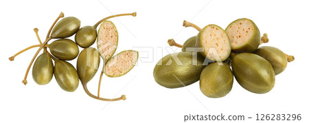 Capers isolated on white background. Pickled or canned capers. Top view. Flat lay 126283296