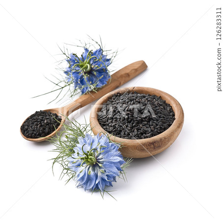Black cumin seed with nigella flower Black cumin seed with nigella flower 126283311