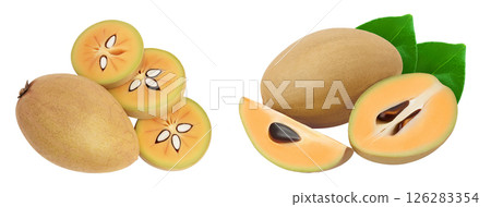 Sapodilla isolated on white background with full depth of field. Top view. Flat lay Sapodilla isolated on white background with full depth of field. Top view. Flat lay 126283354