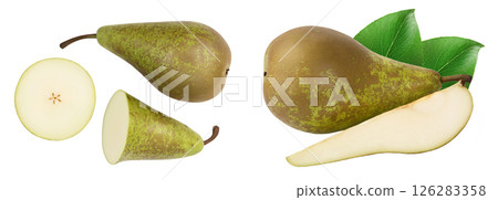 Green conference pear isolated on white background with full depth of field, Top view. Flat lay Green conference pear isolated on white background with full depth of field, Top view. Flat lay 126283358