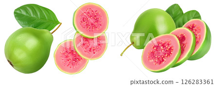 Guava fruit slices isolated on white background . Top view. Flat lay 126283361