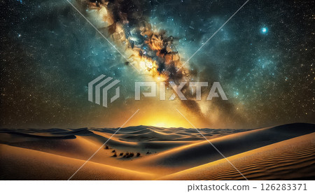 A breathtaking Milky Way galaxy spans the starry night above a mountain range, its glowing core illuminating the distant peaks. Layers of mountains fade into the horizon, creating a serene and 126283371