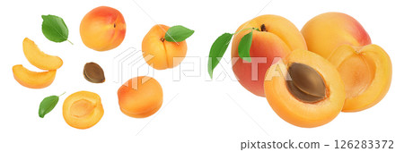 apricot fruit with half and slices isolated on white background. . Top view. Flat lay 126283372