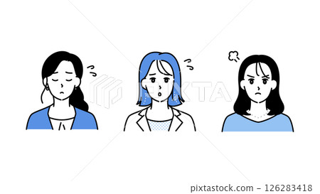 Illustration set C of three business women expressing worries, confusion, and anxiety 126283418