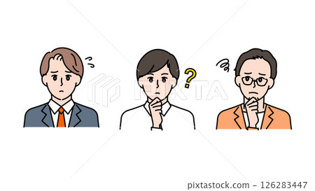 一組三個男人的臉部表情（商業場景）A2：困惑、擔憂、若有所思 126283447