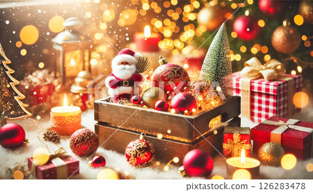A close-up shot of red and gold Christmas ornaments in a wooden box, featuring a small Santa and a mini Christmas tree. Soft golden particles float around, while the warm glow of Christmas lights 126283478