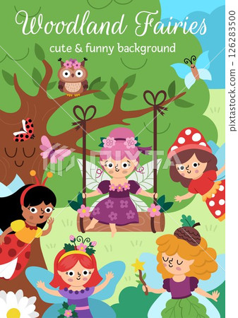 Vector vertical scene with woodland fairies. Fairyland landscape illustration. Cute background or book cover for kids with adorable magic forest creatures. Funny fairytale scene 126283500